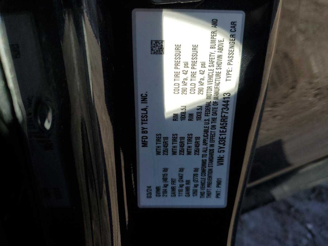 2024 Tesla Model 3 VIN: 5YJ3E1EA5RF734413 Lot: 90727225