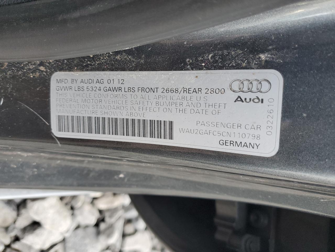 2012 Audi A7 Prestige VIN: WAU2GAFC5CN110798 Lot: 93220695