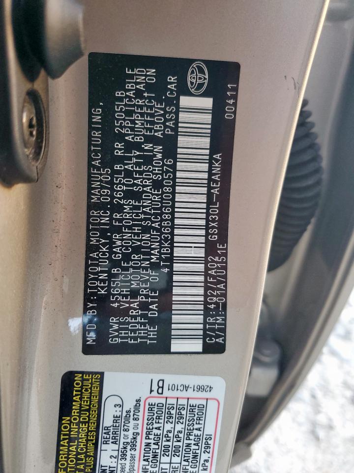 2006 Toyota Avalon Xl VIN: 4T1BK36B86U080576 Lot: 92019855