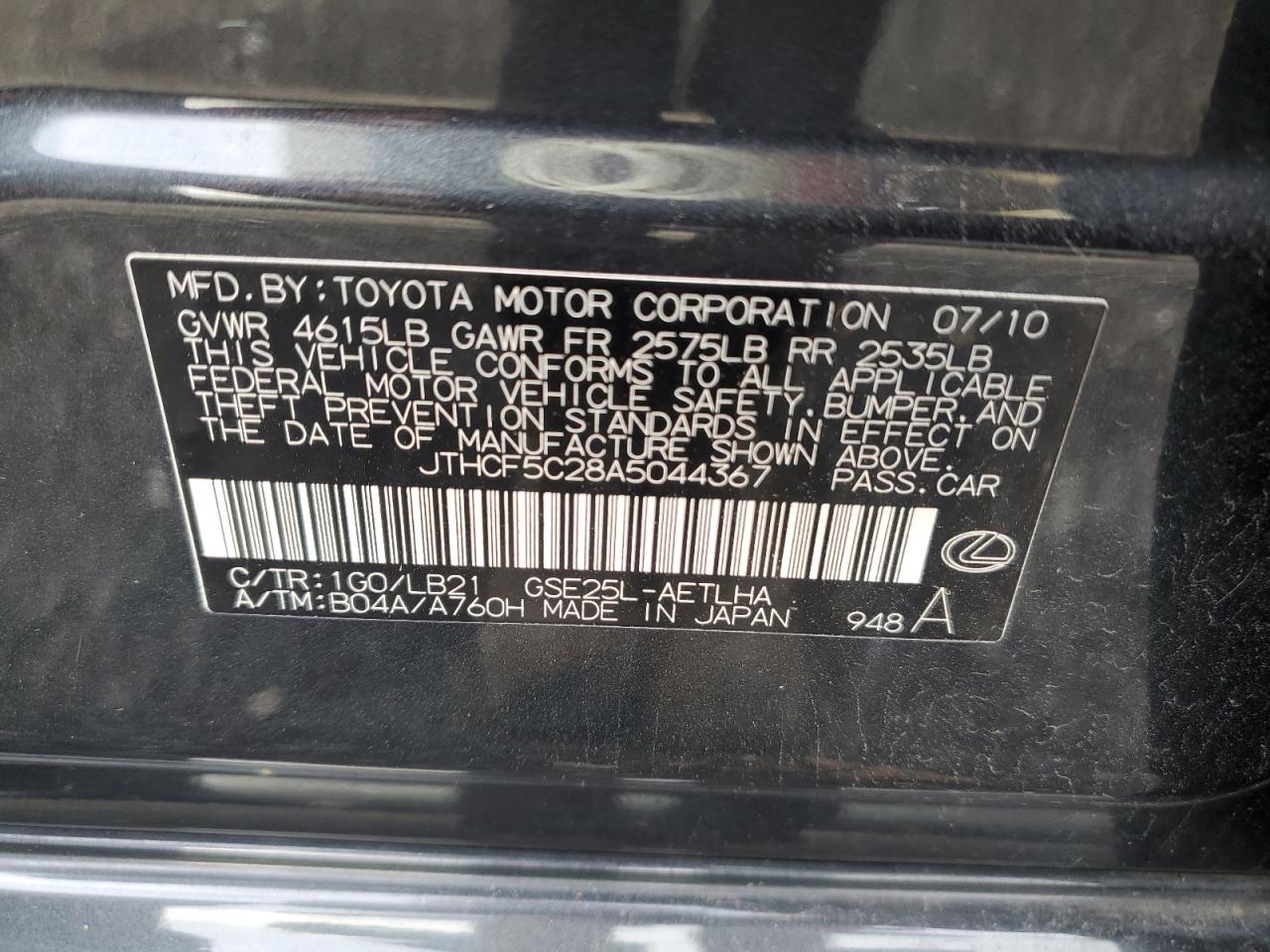 2010 Lexus Is 250 VIN: JTHCF5C28A5044367 Lot: 92077045