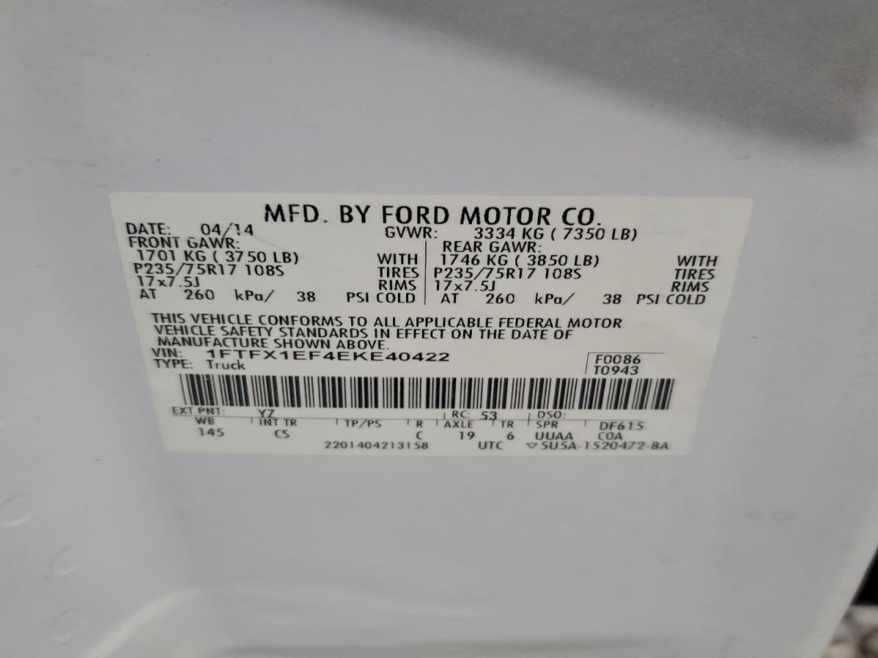 2014 Ford F150 Super Cab VIN: 1FTFX1EF4EKE40422 Lot: 92424265