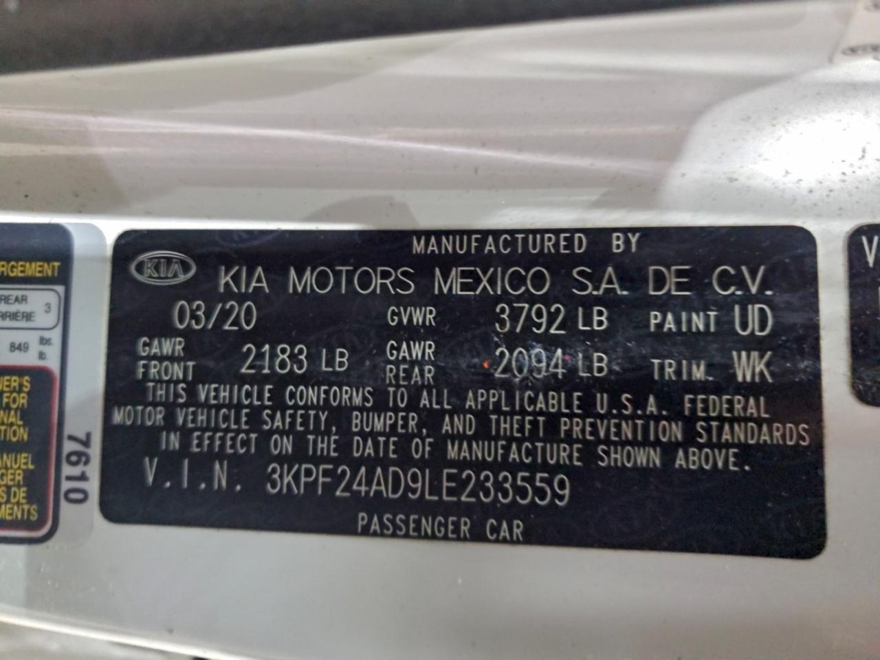 2020 Kia Forte Fe VIN: 3KPF24AD9LE233559 Lot: 93915195