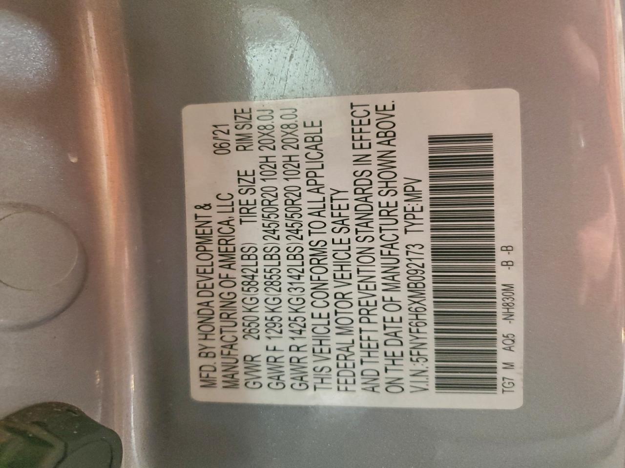 2021 Honda Pilot Touring VIN: 5FNYF6H6XMB092173 Lot: 94048745