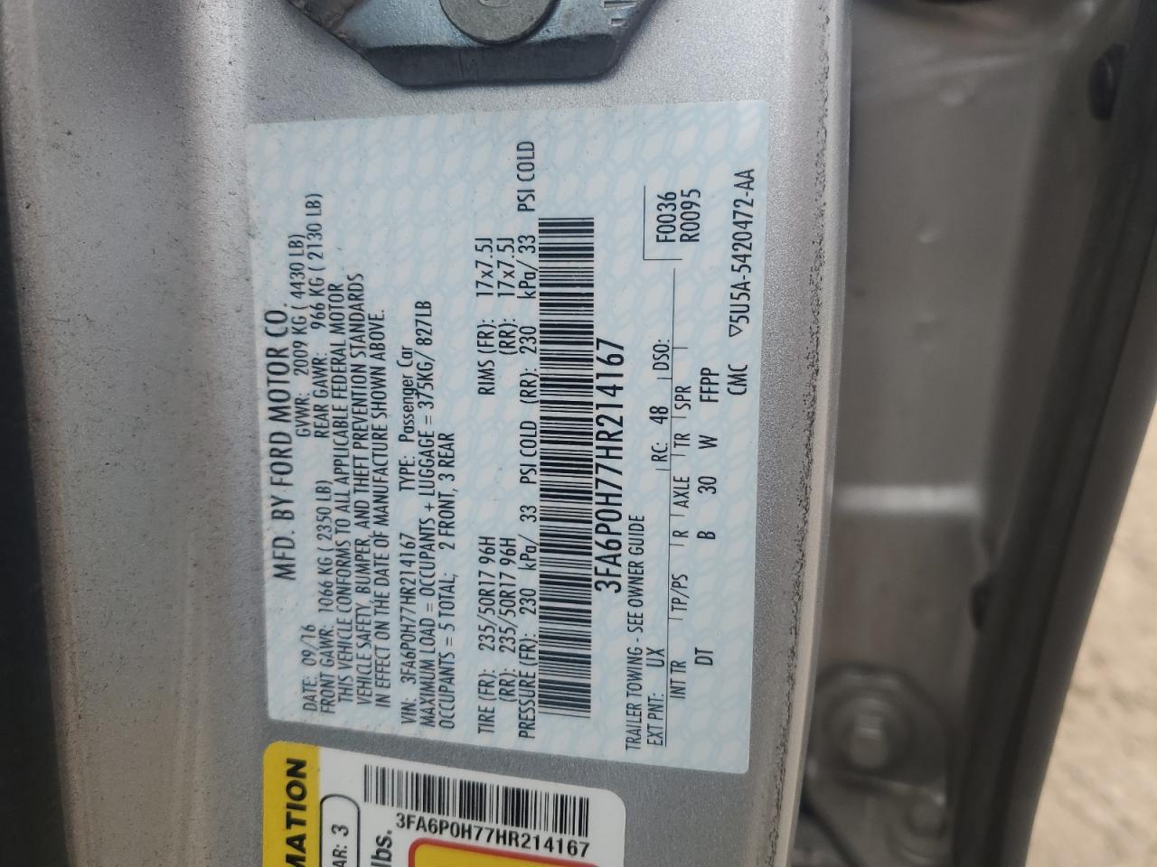 2017 Ford Fusion Se VIN: 3FA6P0H77HR214167 Lot: 92864865