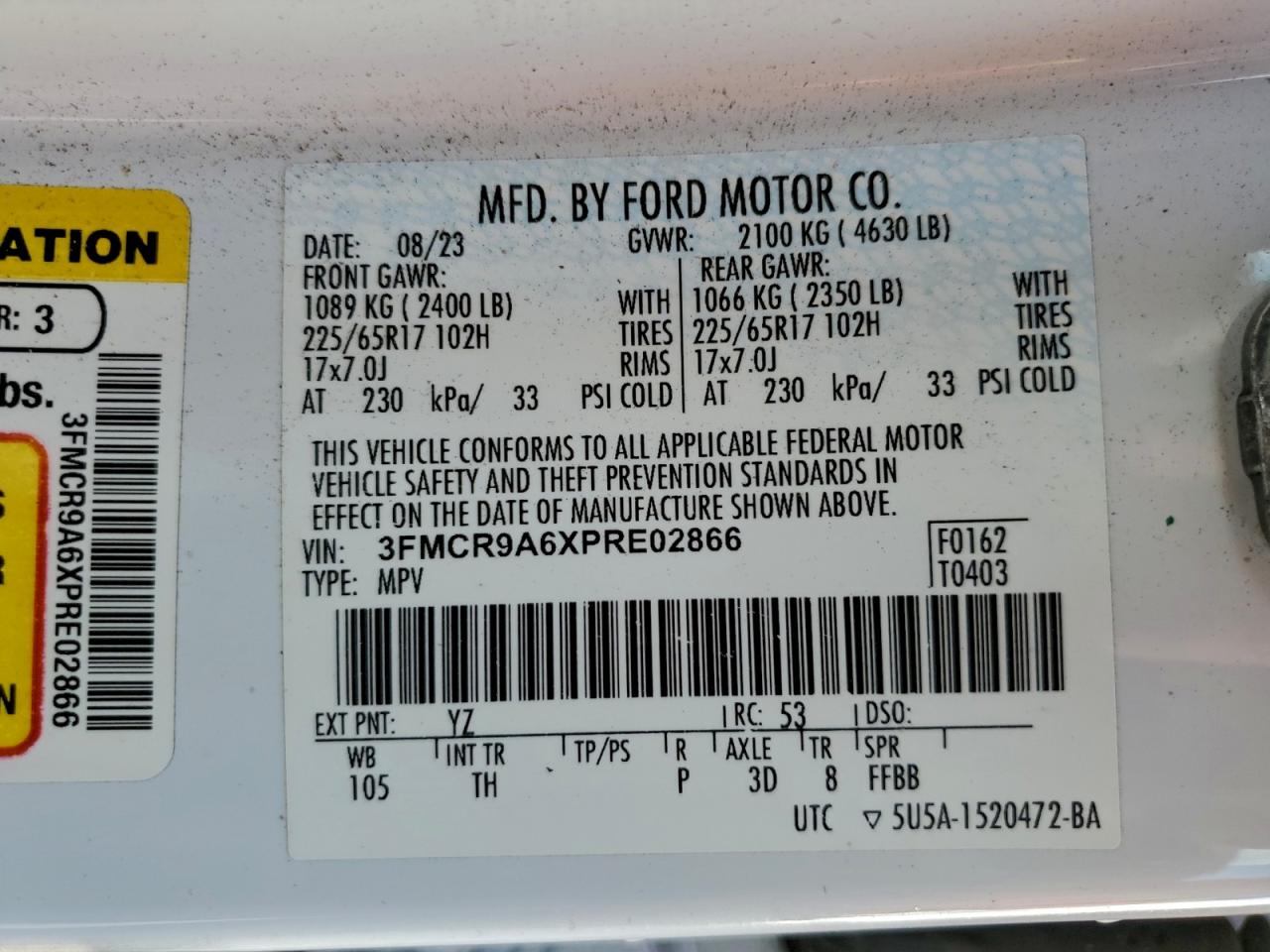 2023 Ford Bronco Sport VIN: 3FMCR9A6XPRE02866 Lot: 94244195