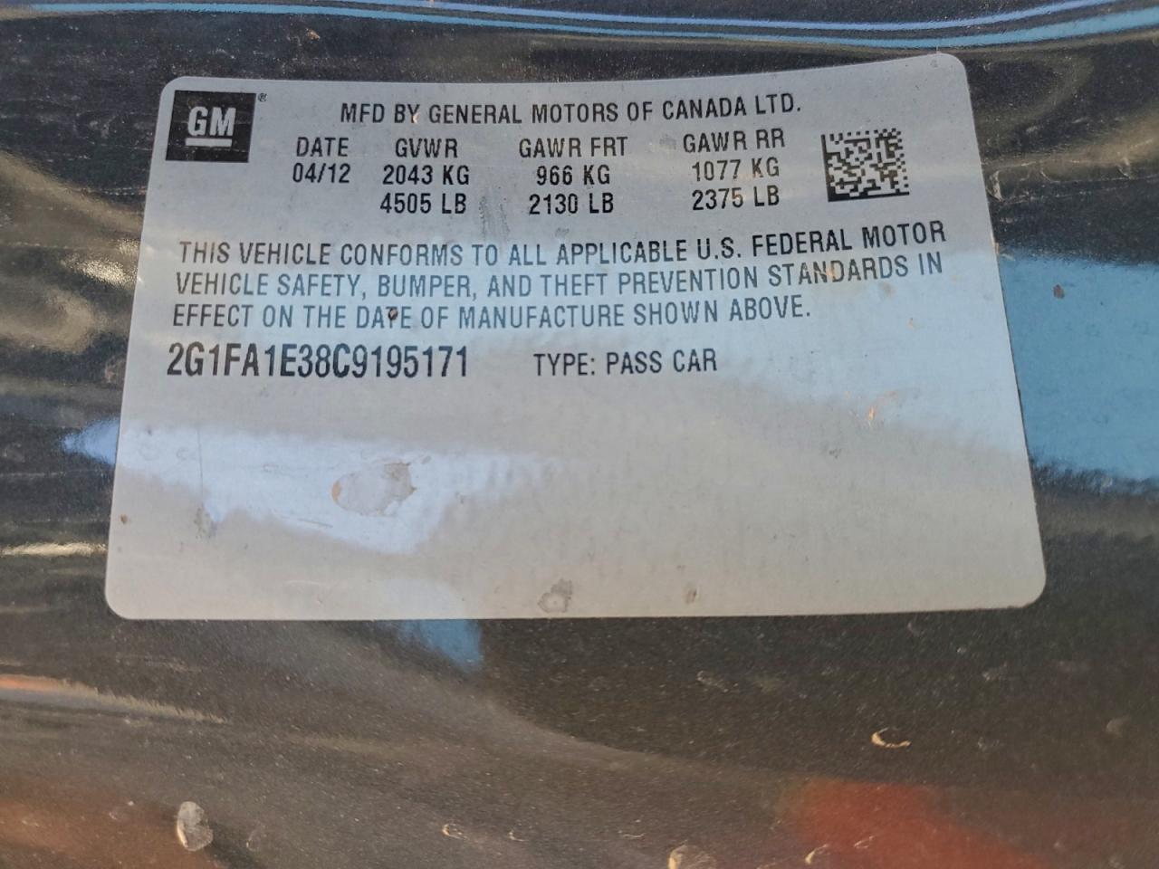 2012 Chevrolet Camaro Ls VIN: 2G1FA1E38C9195171 Lot: 94247405