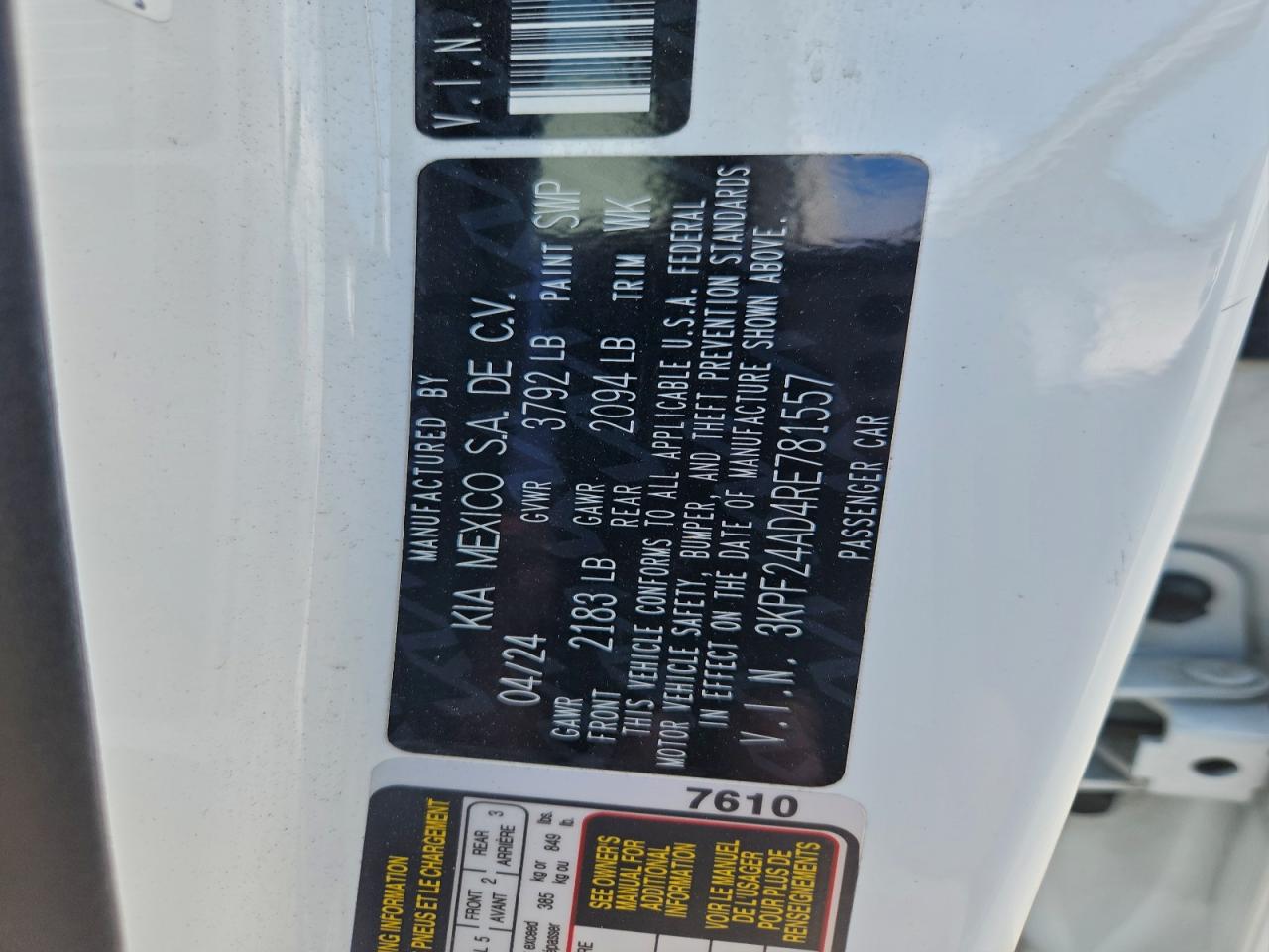 2024 Kia Forte Lx VIN: 3KPF24AD4RE781557 Lot: 93713005