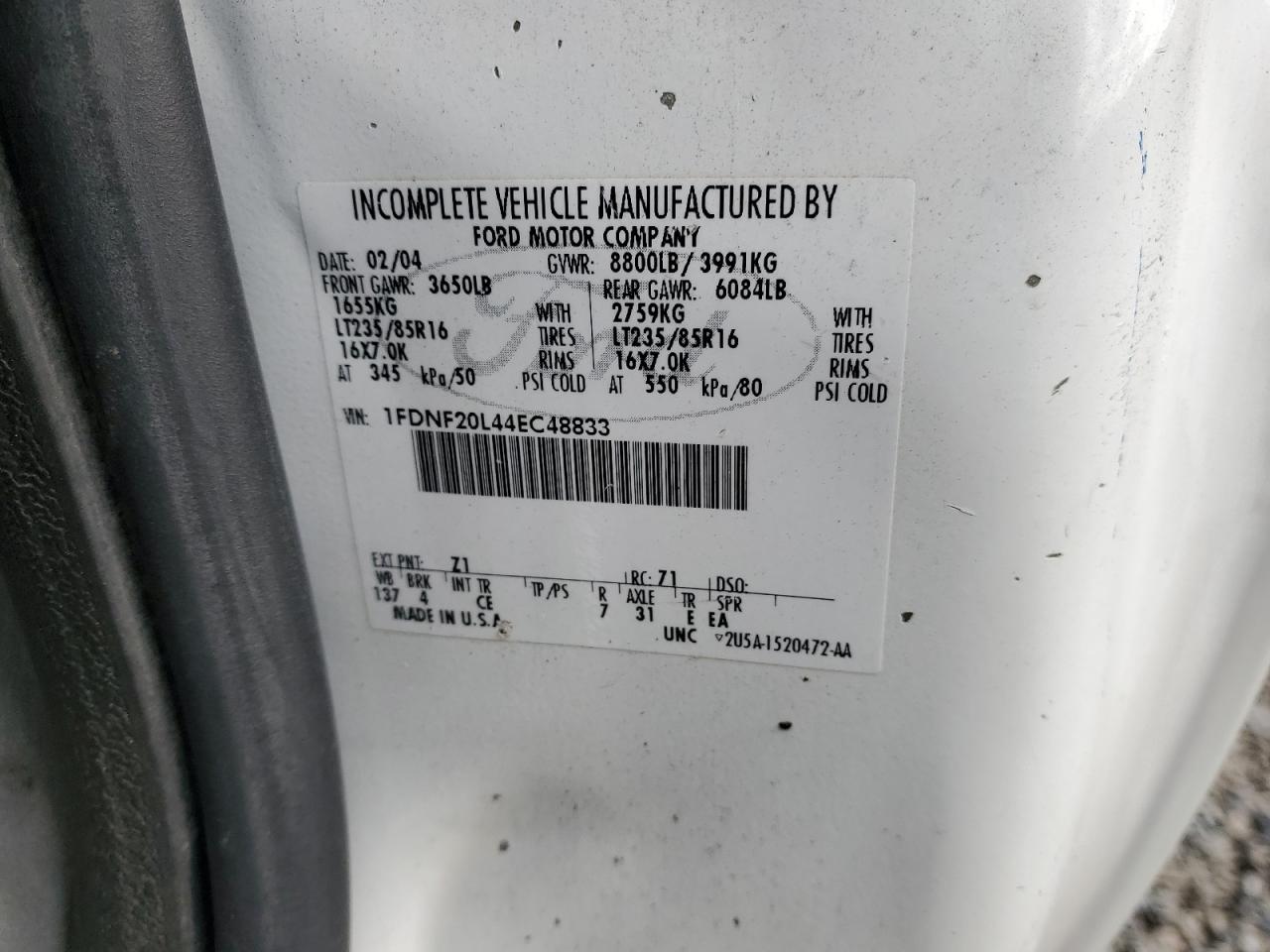 2004 Ford F250 Super Duty VIN: 1FDNF20L44EC48833 Lot: 92880745