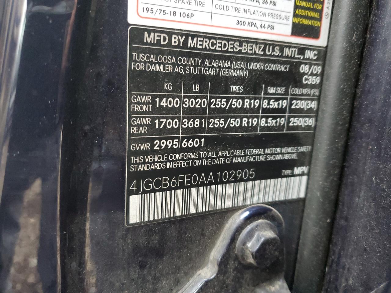 2010 Mercedes-Benz R 350 4Matic VIN: 4JGCB6FE0AA102905 Lot: 93342625