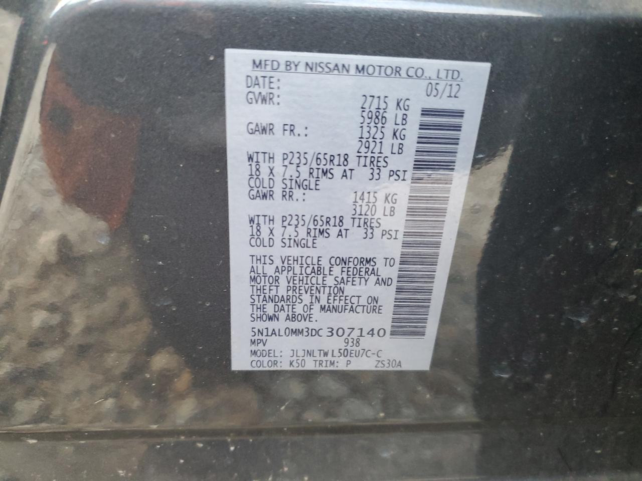 2013 Infiniti Jx35 VIN: 5N1AL0MM3DC307140 Lot: 90981905