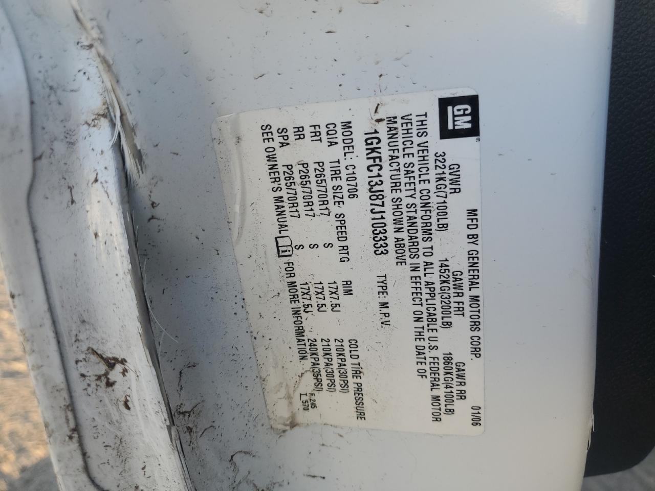 2007 GMC Yukon VIN: 1GKFC13J87J103333 Lot: 90884985