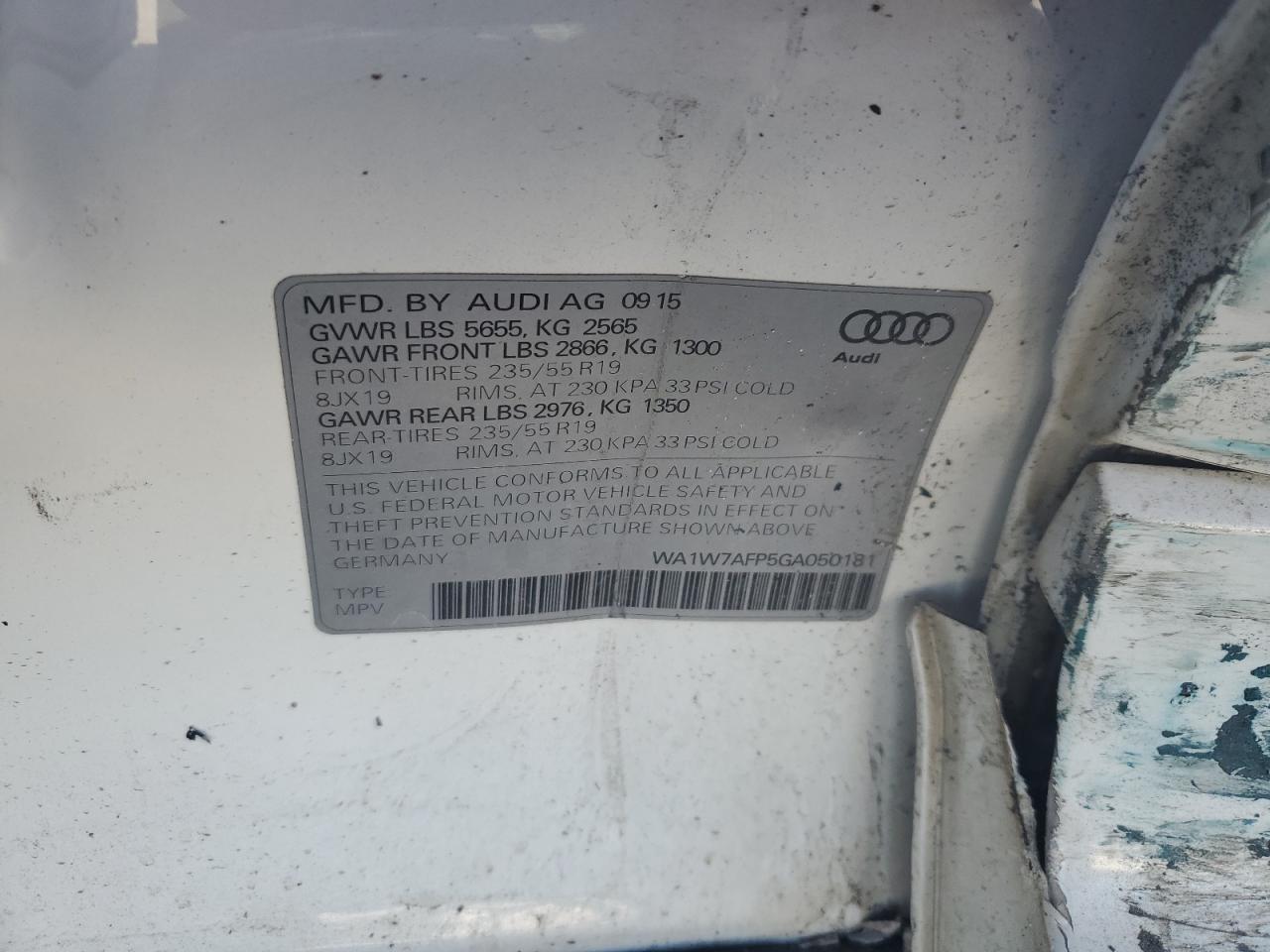 2016 Audi Q5 Prestige S-Line VIN: WA1W7AFP5GA050181 Lot: 92937395