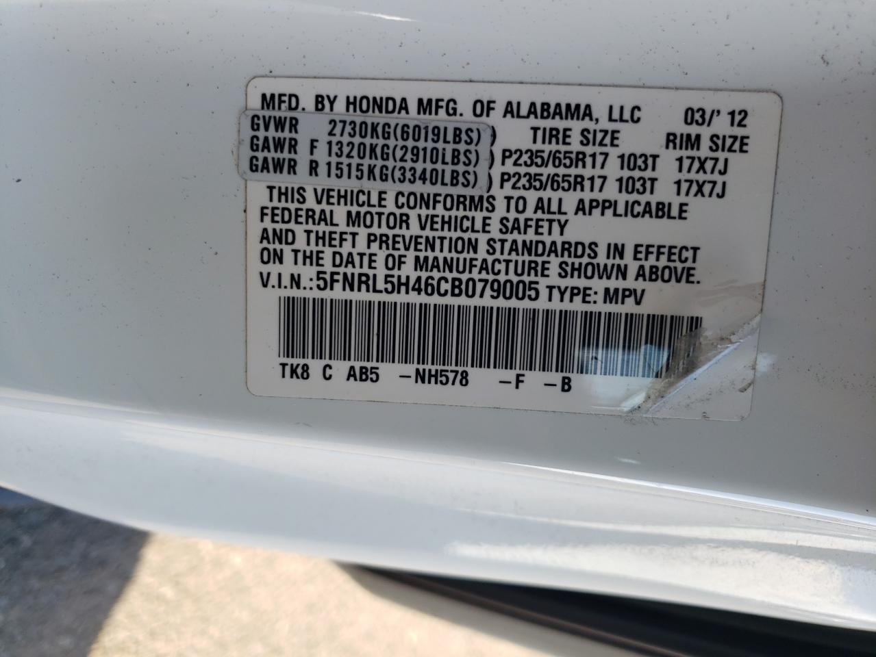 2012 Honda Odyssey Ex VIN: 5FNRL5H46CB079005 Lot: 91872825