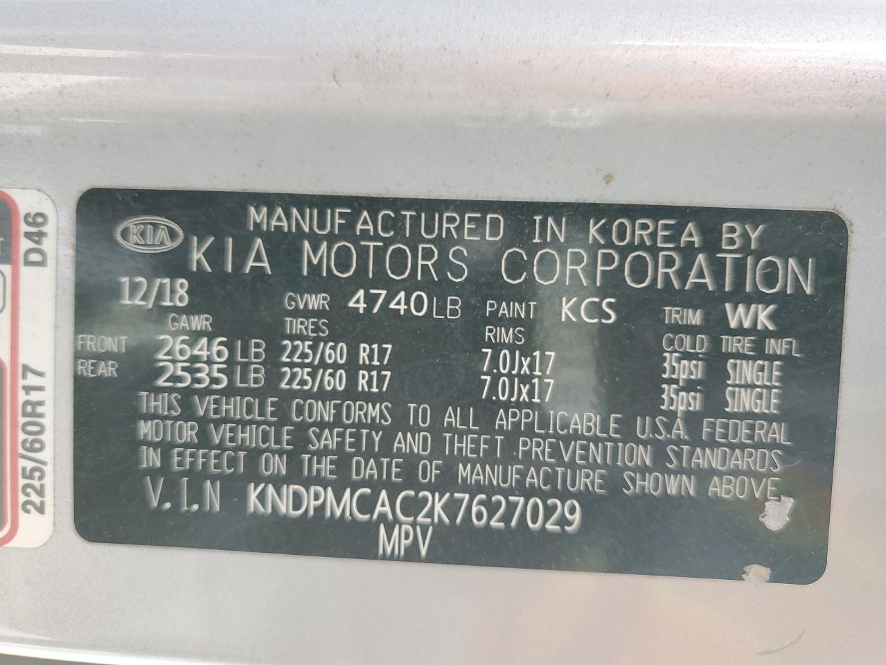 2019 Kia Sportage Lx VIN: KNDPMCAC2K7627029 Lot: 91290245