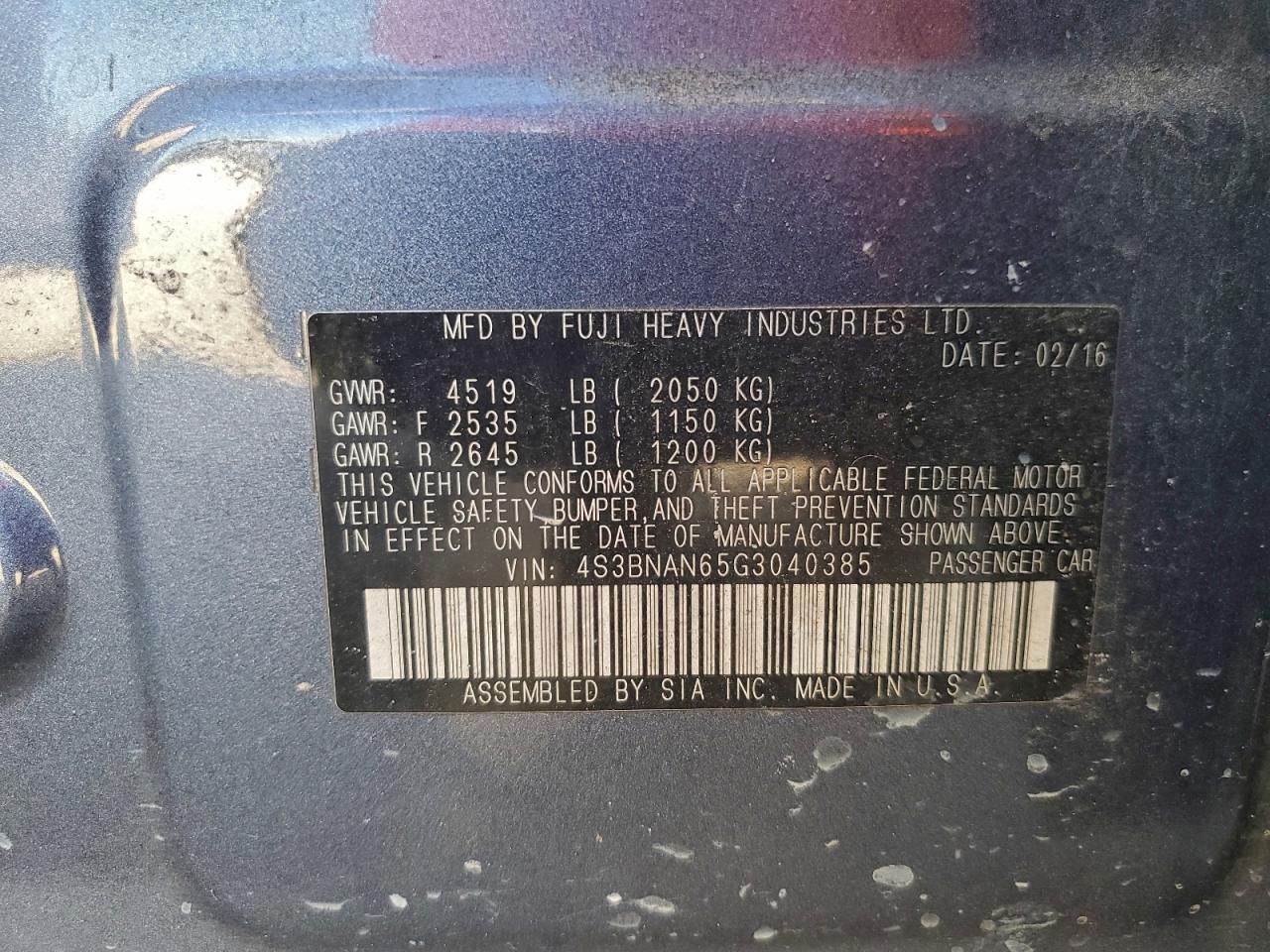 2016 Subaru Legacy 2.5I Limited VIN: 4S3BNAN65G3040385 Lot: 93077805