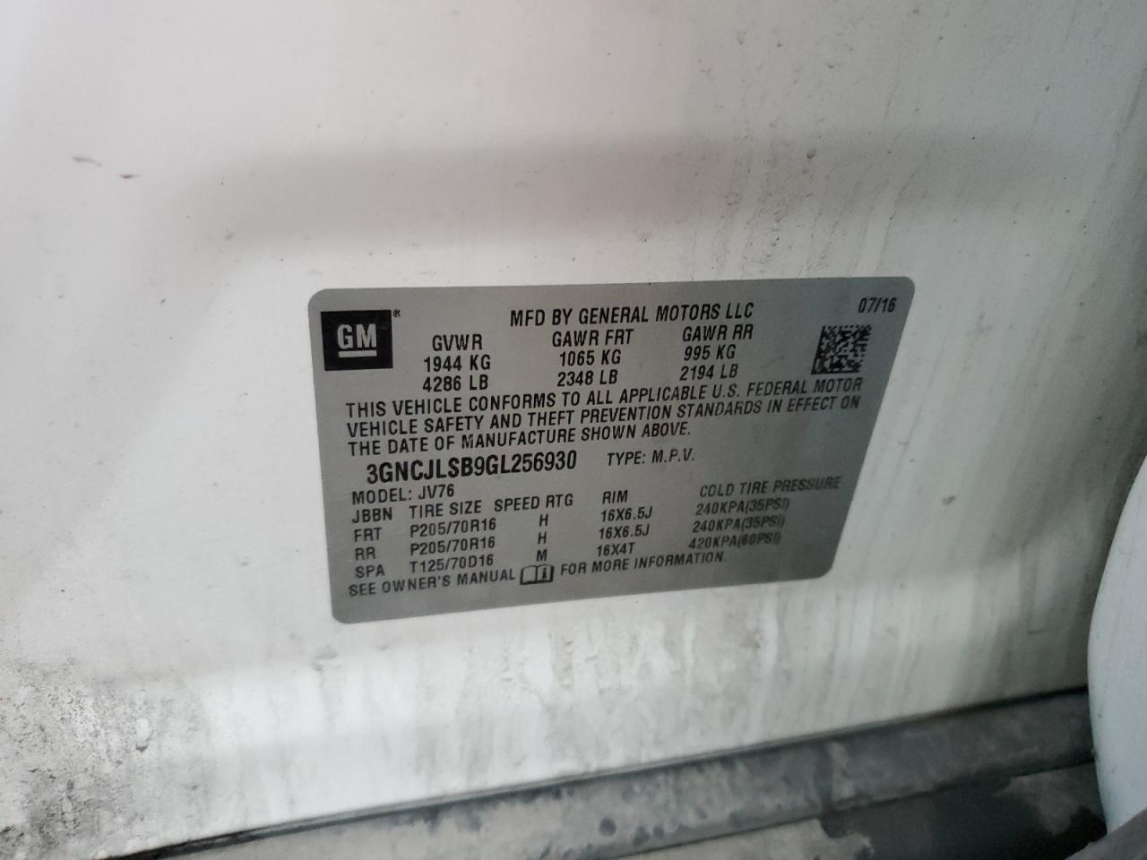 2016 Chevrolet Trax 1Lt VIN: 3GNCJLSB9GL256930 Lot: 92869795