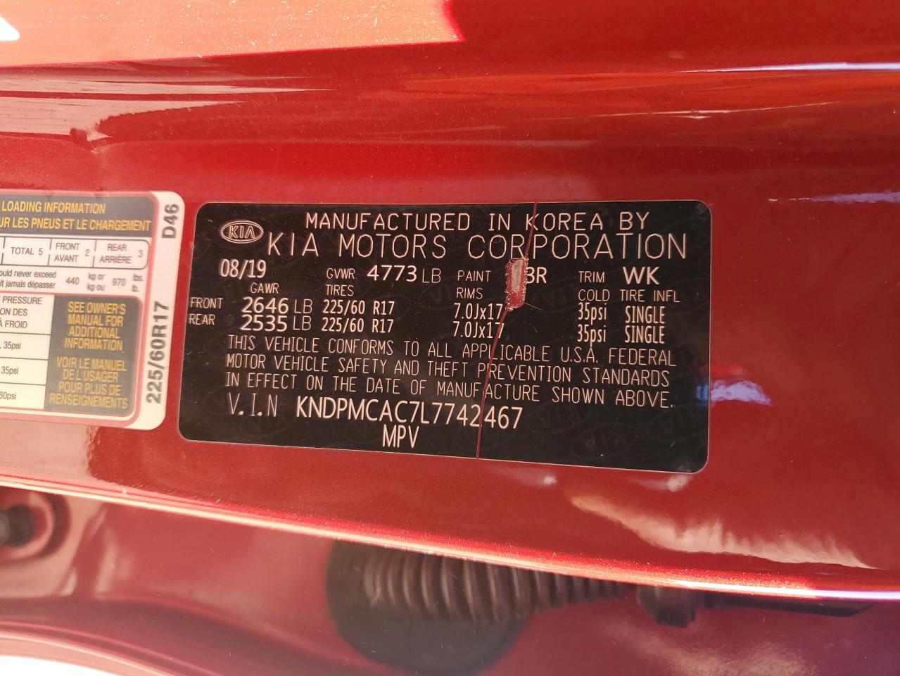 2020 Kia Sportage Lx VIN: KNDPMCAC7L7742467 Lot: 92917015