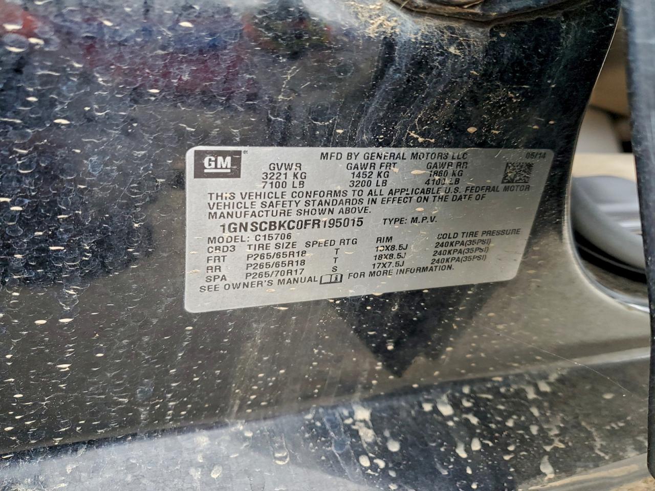 2015 Chevrolet Tahoe C1500 Lt VIN: 1GNSCBKC0FR195015 Lot: 94285375