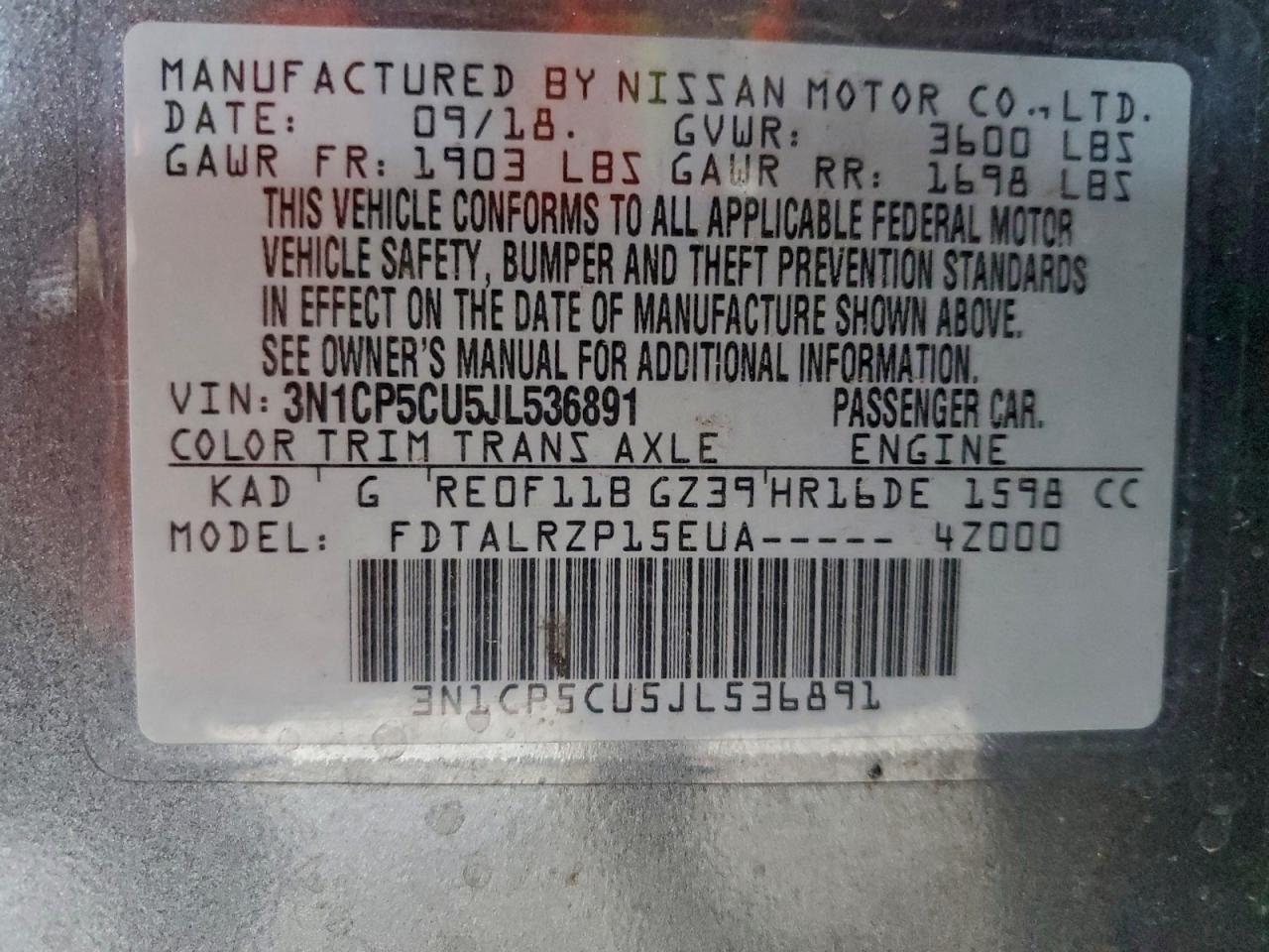 2018 Nissan Kicks S VIN: 3N1CP5CU5JL536891 Lot: 93117795