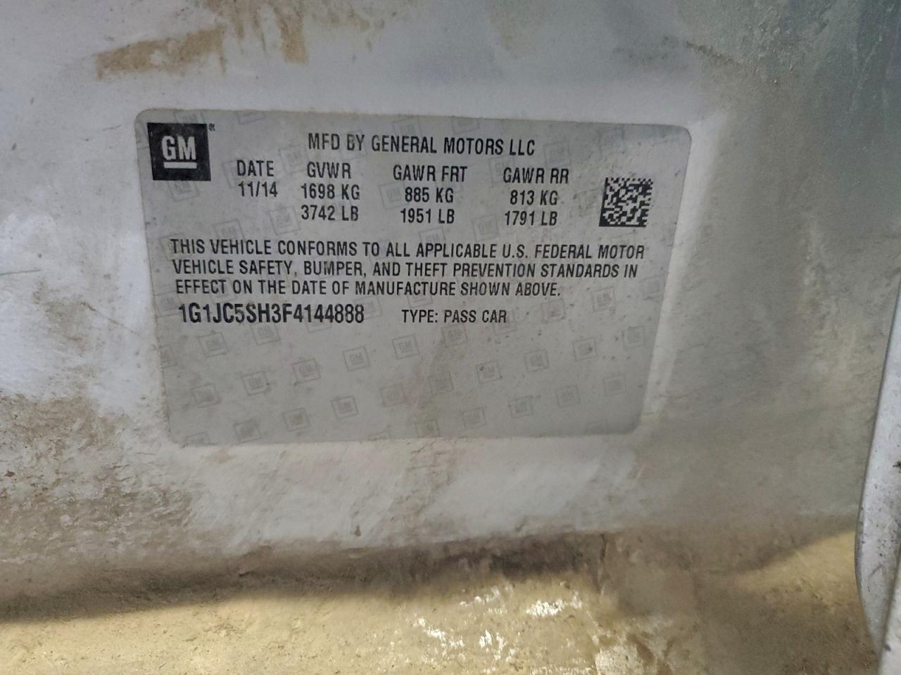 2015 Chevrolet Sonic Lt VIN: 1G1JC5SH3F4144888 Lot: 93905565