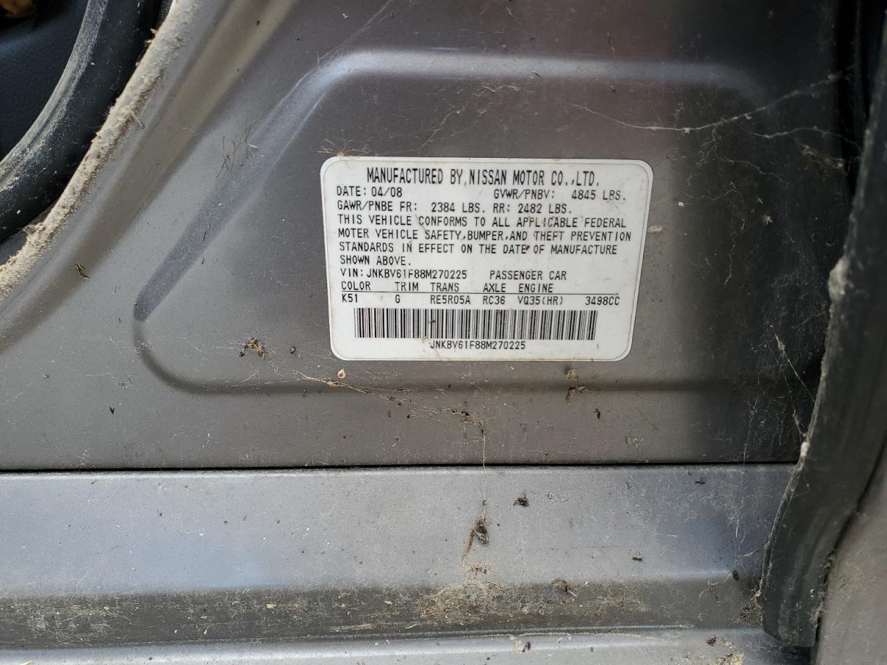 2008 Infiniti G35 VIN: JNKBV61F88M270225 Lot: 93035725