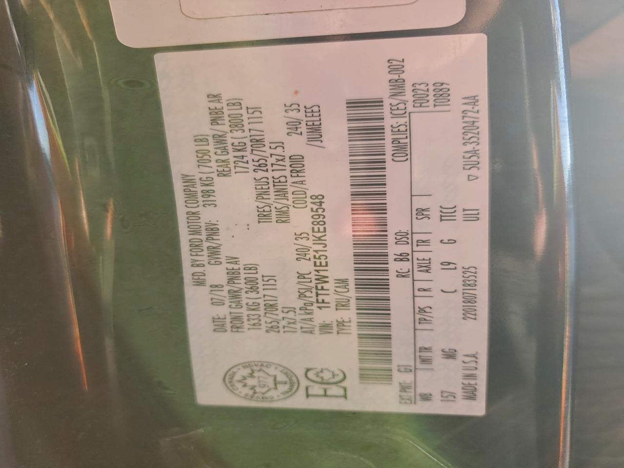 2018 Ford F150 Supercrew VIN: 1FTFW1E51JKE89548 Lot: 94101995