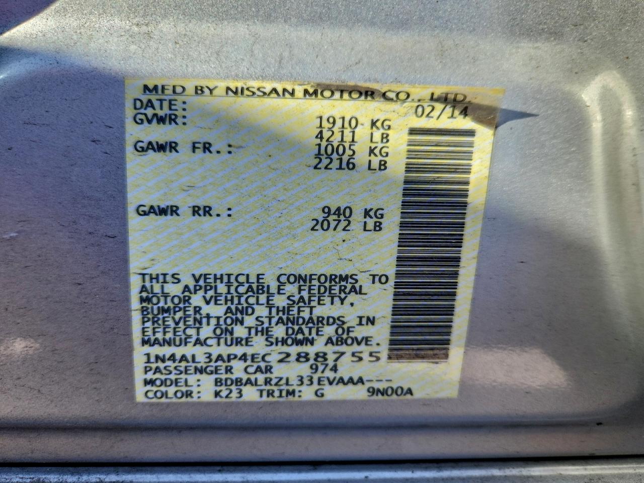 2014 Nissan Altima 2.5 VIN: 1N4AL3AP4EC288755 Lot: 94563465