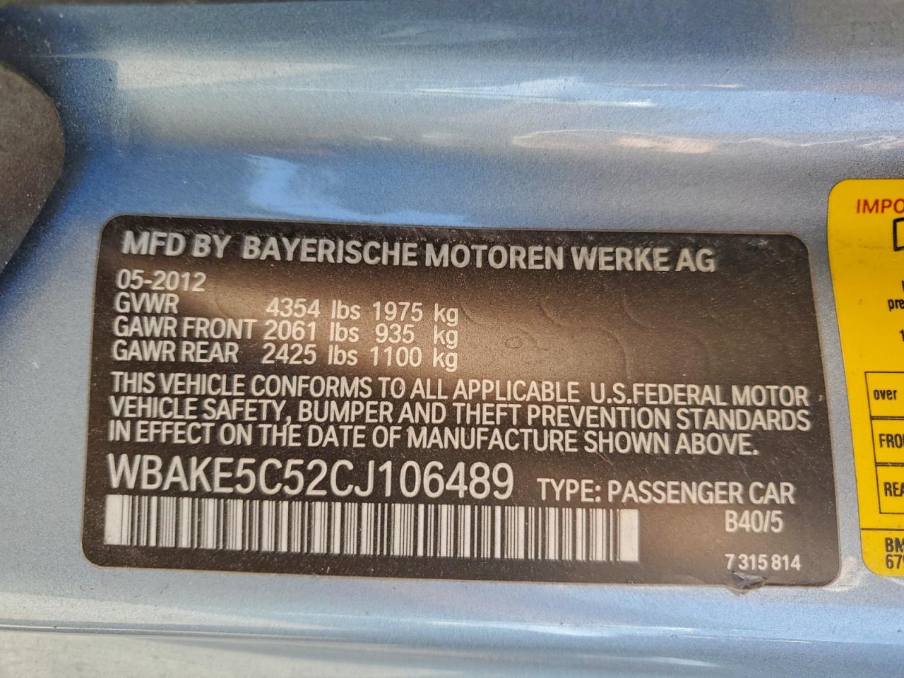 2012 BMW 328 I Sulev VIN: WBAKE5C52CJ106489 Lot: 94807895