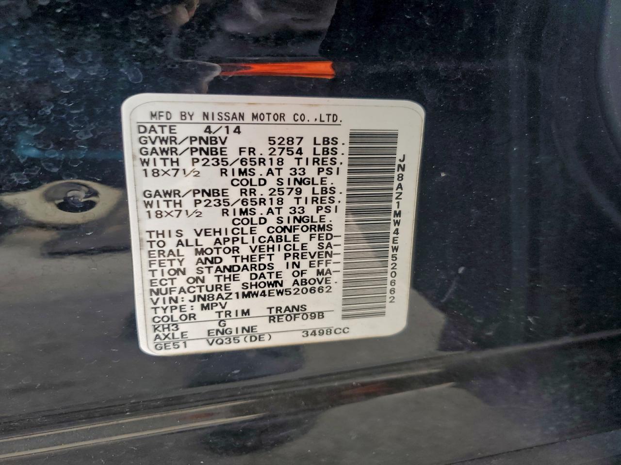 2014 Nissan Murano S VIN: JN8AZ1MW4EW520662 Lot: 94749385