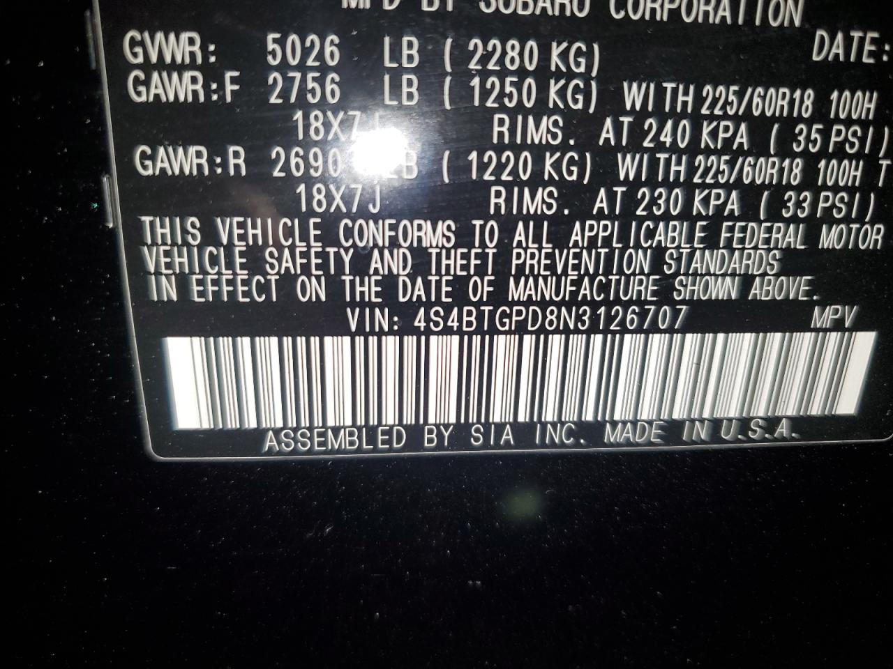 2022 Subaru Outback To VIN: 126707 Lot: 85435755