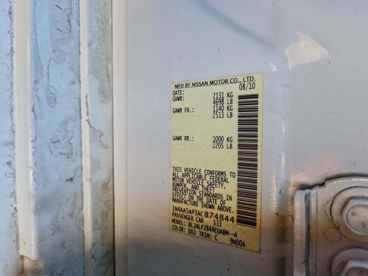 2010 Nissan Maxima S VIN: 1N4AA5AP3AC874844 Lot: 94173655