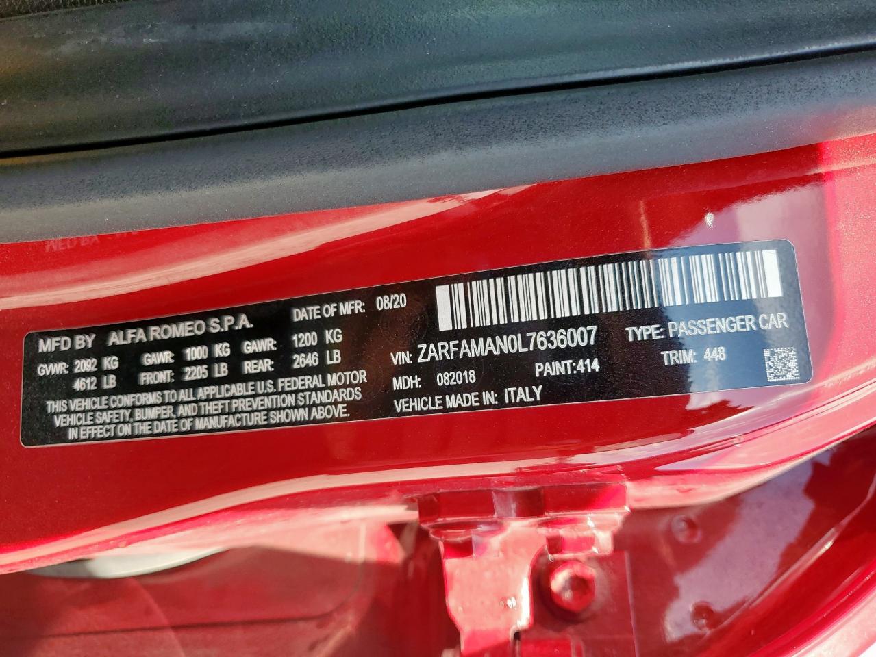 2020 Alfa Romeo Giulia VIN: ZARFAMAN0L7636007 Lot: 92583595