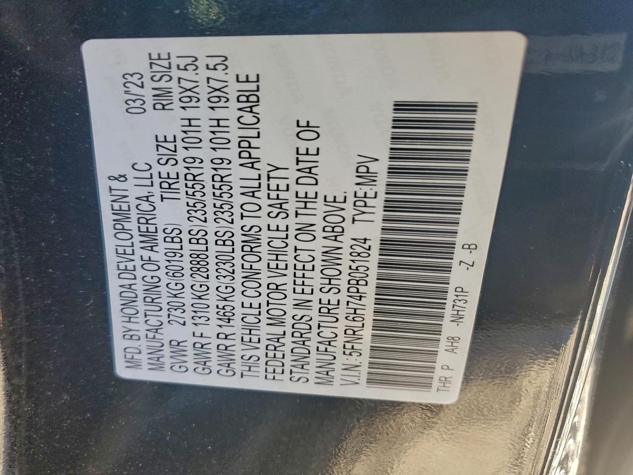 2023 Honda Odyssey Sport-L VIN: 5FNRL6H74PB051824 Lot: 92666195