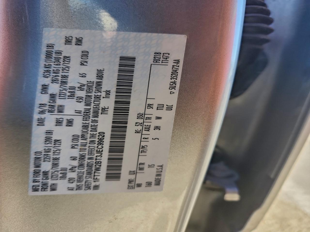 2018 Ford F250 Super Duty VIN: 1FT7W2BT3JEC99620 Lot: 94489715