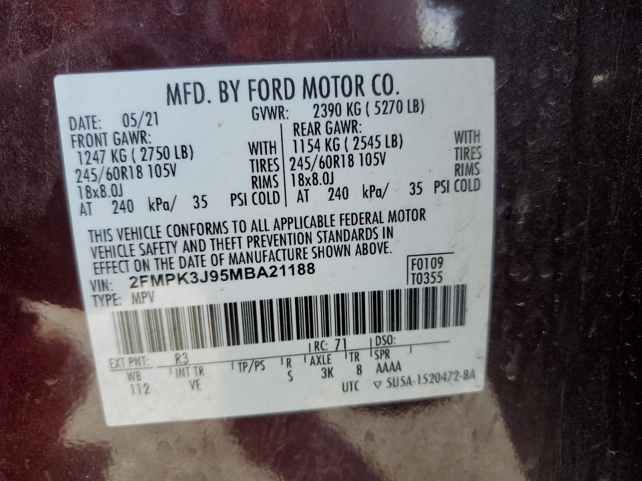 2021 Ford Edge Sel VIN: 2FMPK3J95MBA21188 Lot: 92402205