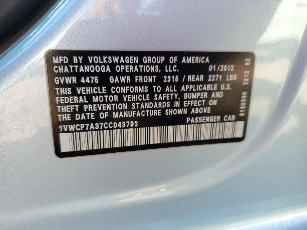 2012 Volkswagen Passat Sel VIN: 1VWCP7A37CC043793 Lot: 92455175