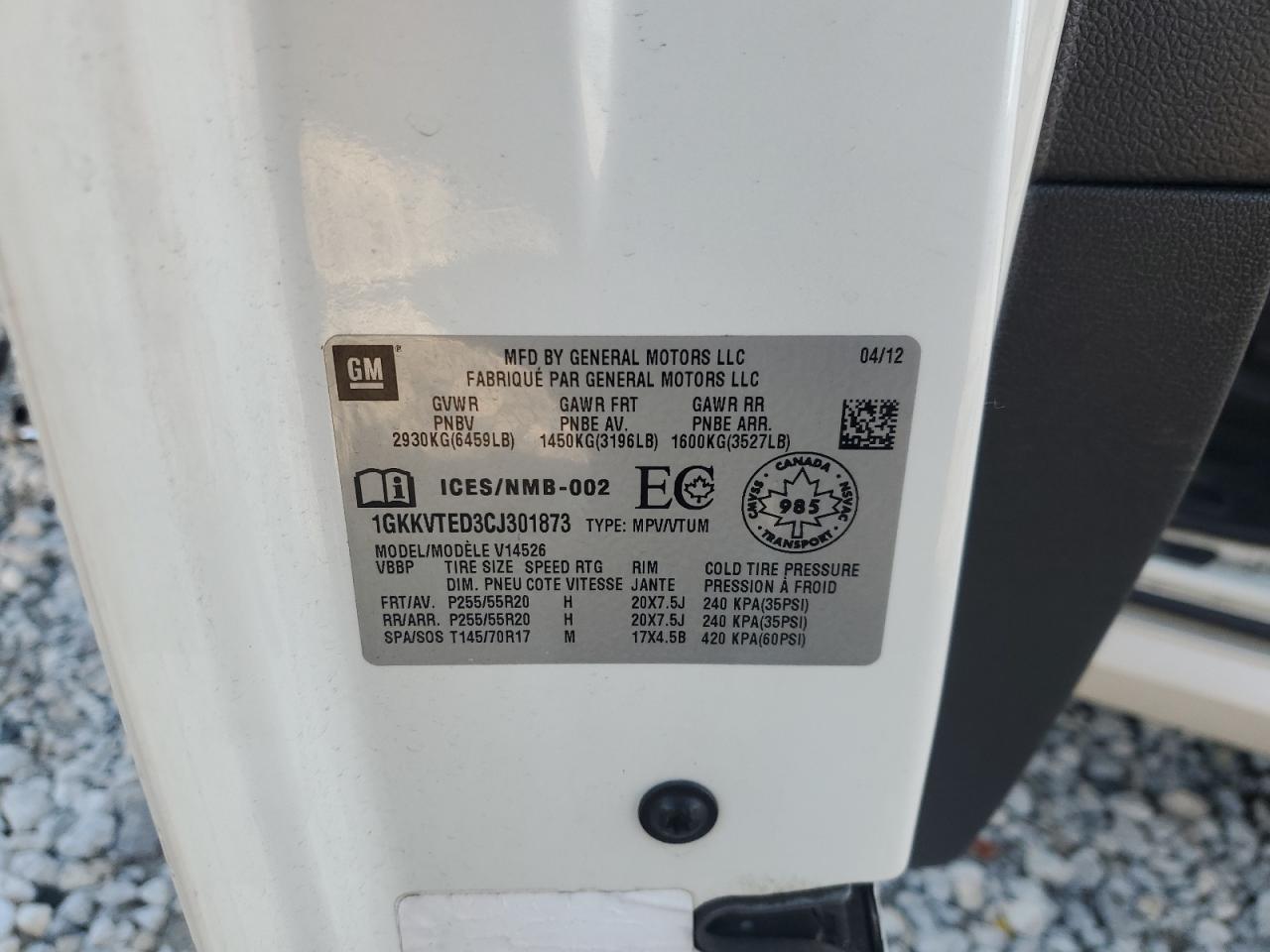 2012 GMC Acadia Denali VIN: 1GKKVTED3CJ301873 Lot: 92371165