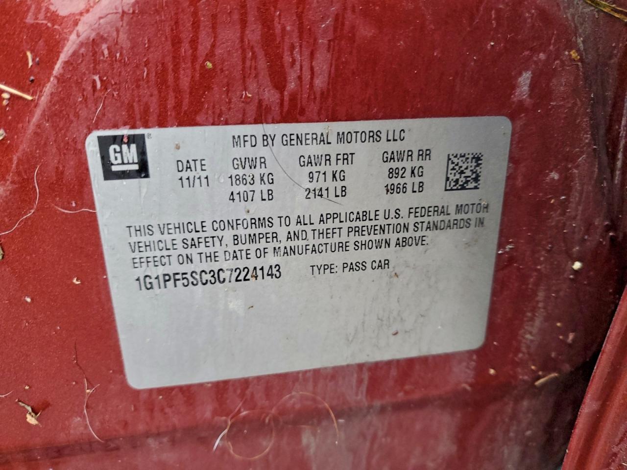 2012 Chevrolet Cruze Lt VIN: 1G1PF5SC3C7224143 Lot: 94190055