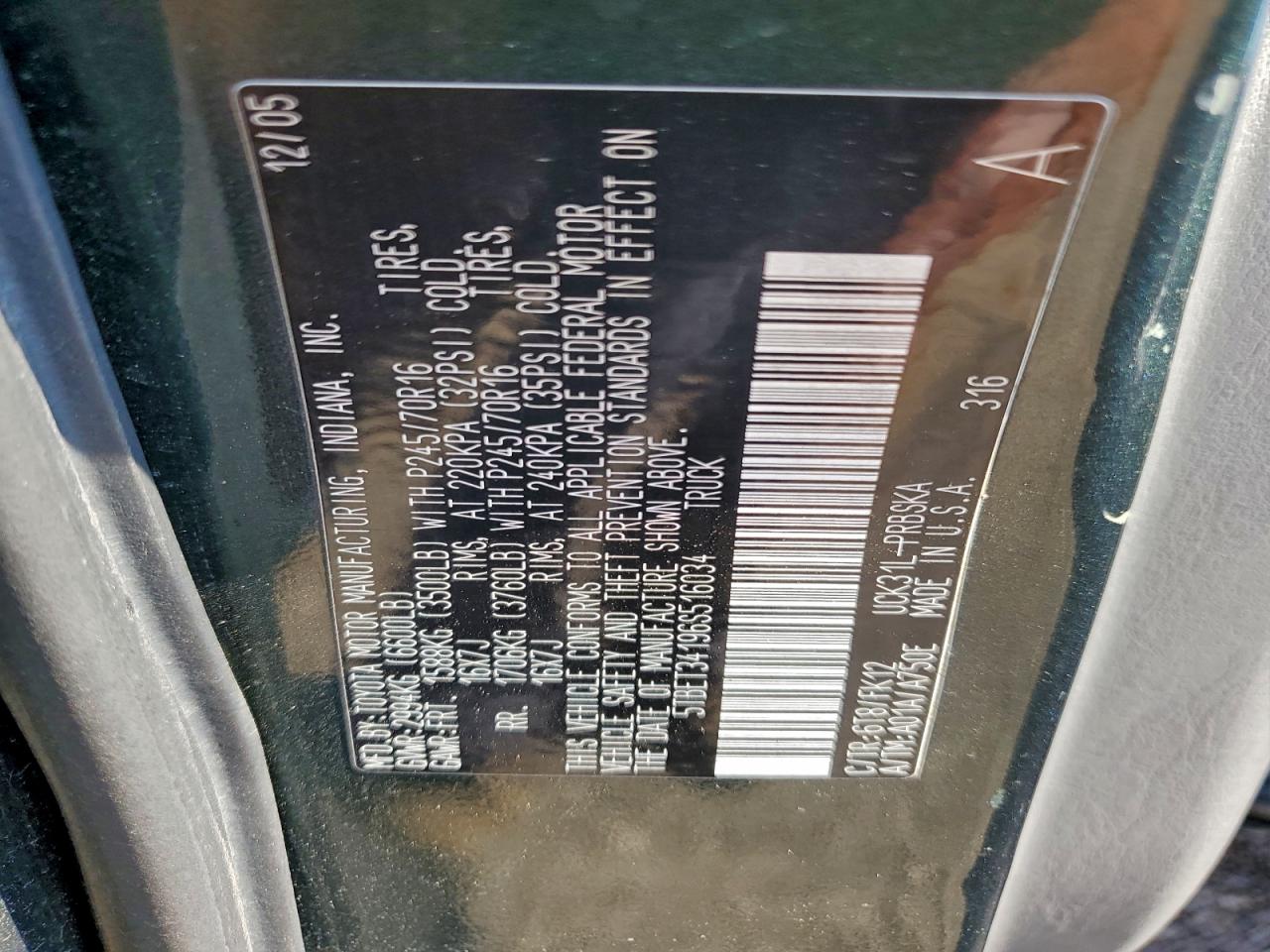 2006 Toyota Tundra Double Cab Sr5 VIN: 5TBET34196S516034 Lot: 94545605