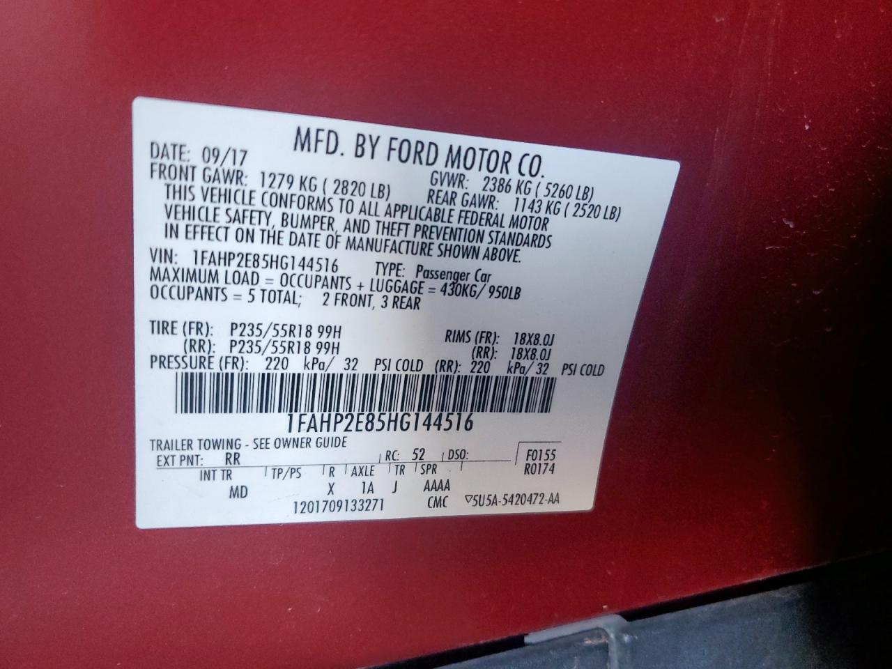 2017 Ford Taurus Sel VIN: 1FAHP2E85HG144516 Lot: 91270475