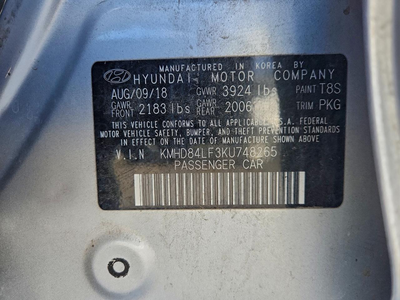 2019 Hyundai Elantra Sel VIN: KMHD84LF3KU748265 Lot: 94075185