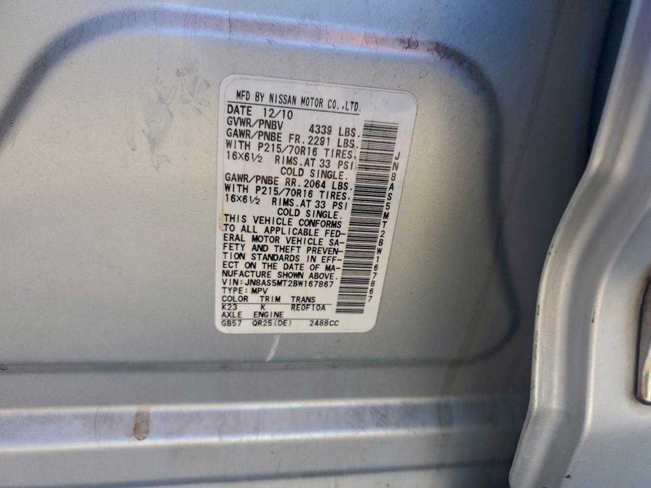 2011 Nissan Rogue S VIN: JN8AS5MT2BW167867 Lot: 94162645