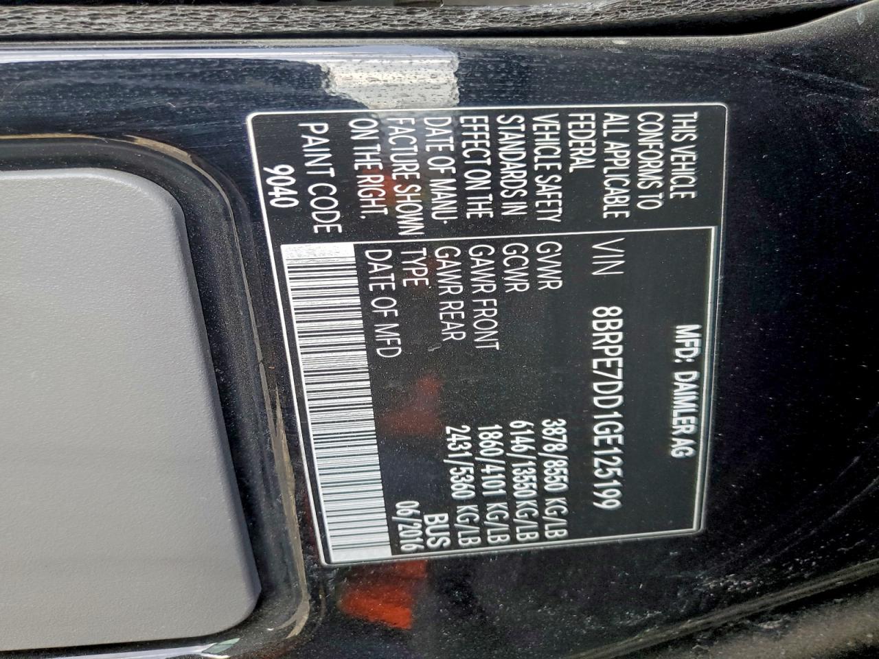 2016 Mercedes-Benz Sprinter 2500 VIN: 8BRPE7DD1GE125199 Lot: 94934955