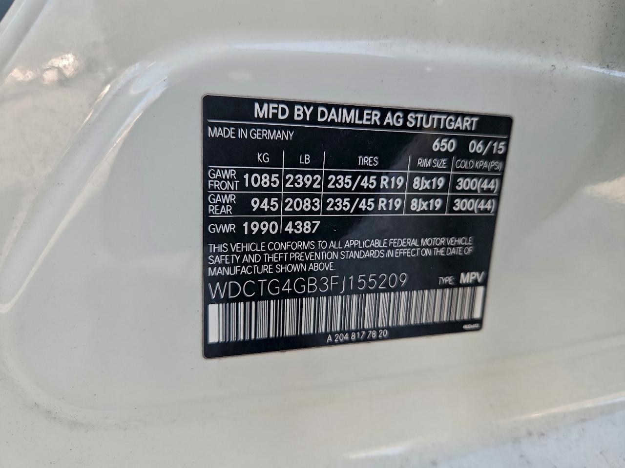 2015 Mercedes-Benz Gla 250 4Matic VIN: WDCTG4GB3FJ155209 Lot: 94331205