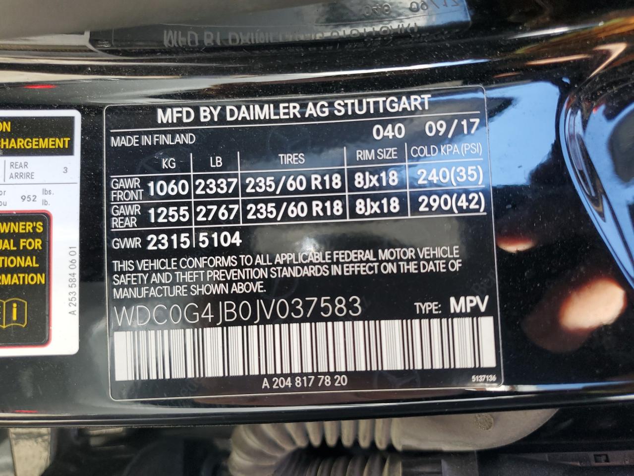 2018 Mercedes-Benz Glc 300 VIN: WDC0G4JB0JV037583 Lot: 91725925