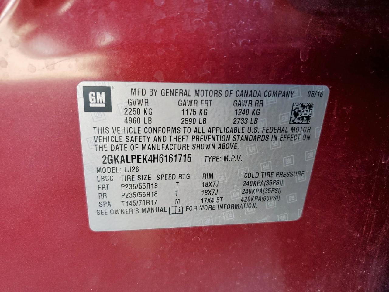 2017 GMC Terrain Slt VIN: 2GKALPEK4H6161716 Lot: 91172625