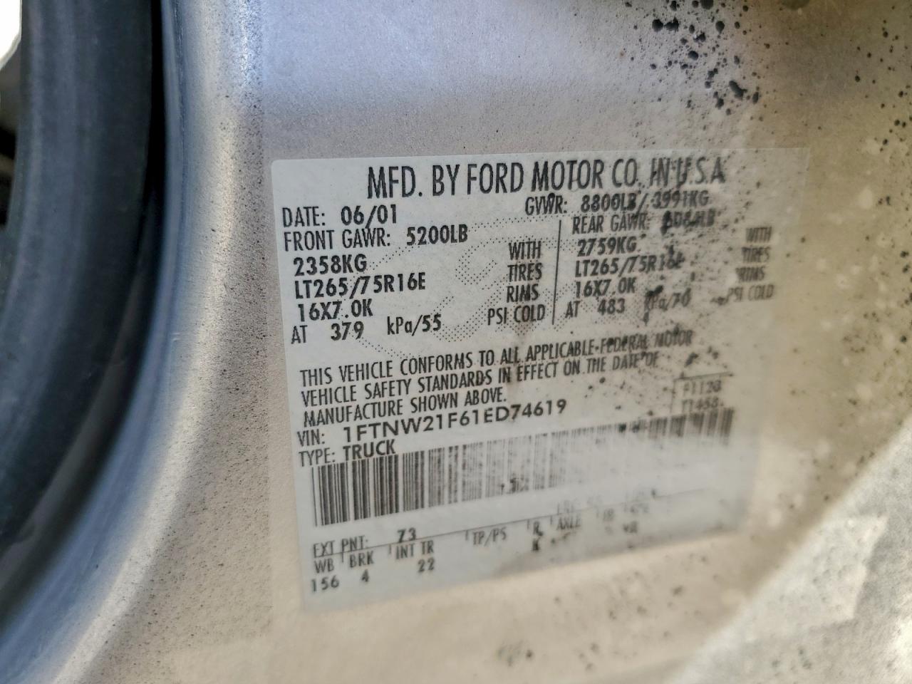 2001 Ford F250 Super Duty VIN: 1FTNW21F61ED74619 Lot: 92920255