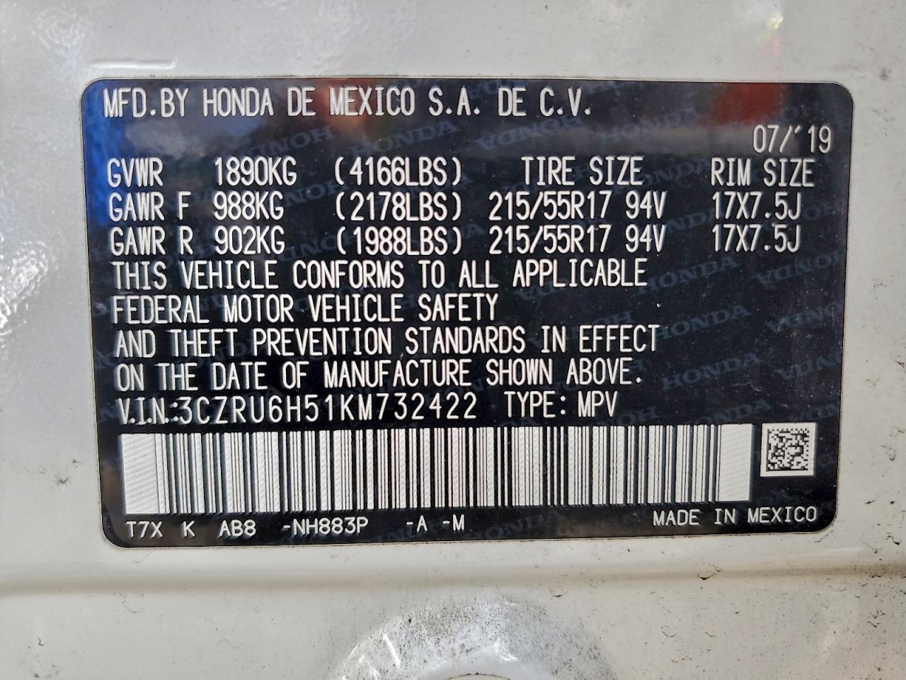 2019 Honda Hr-V Ex VIN: 3CZRU6H51KM732422 Lot: 94128985