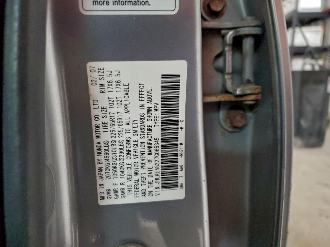 2007 Honda Cr-V Lx VIN: JHLRE48327C065345 Lot: 93829975