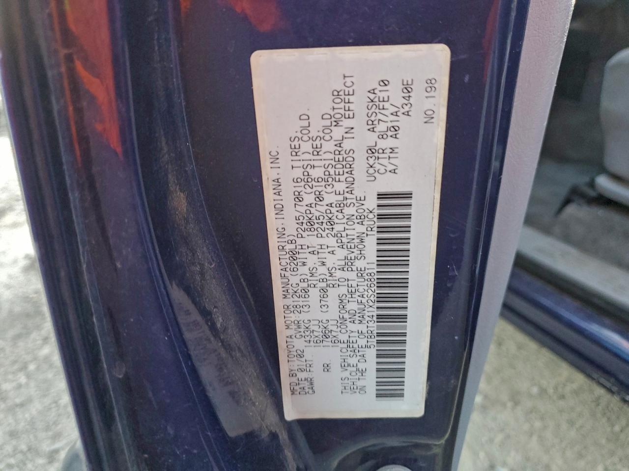2002 Toyota Tundra Access Cab VIN: 5TBRT341X2S268811 Lot: 92130915